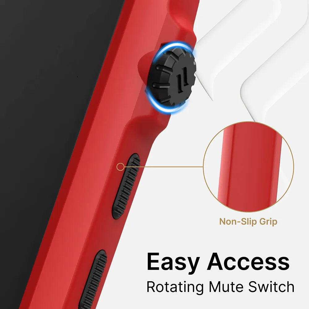 Close-up of the Catalyst Case US Impact Protection Case for iPhone 11: a rotating mute switch with non-slip grip (shown in a circular inset) and two black buttons below. Text reads, "Easy Access Rotating Mute Switch".