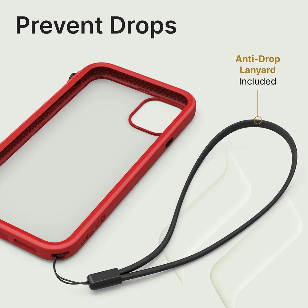 A red and clear Catalyst Case US iPhone 11 Impact Protection Case is shown beside a black anti-drop lanyard on a light surface. "Prevent Drops" appears above, with "Anti-Drop Lanyard Included" noting enhanced drop protection.