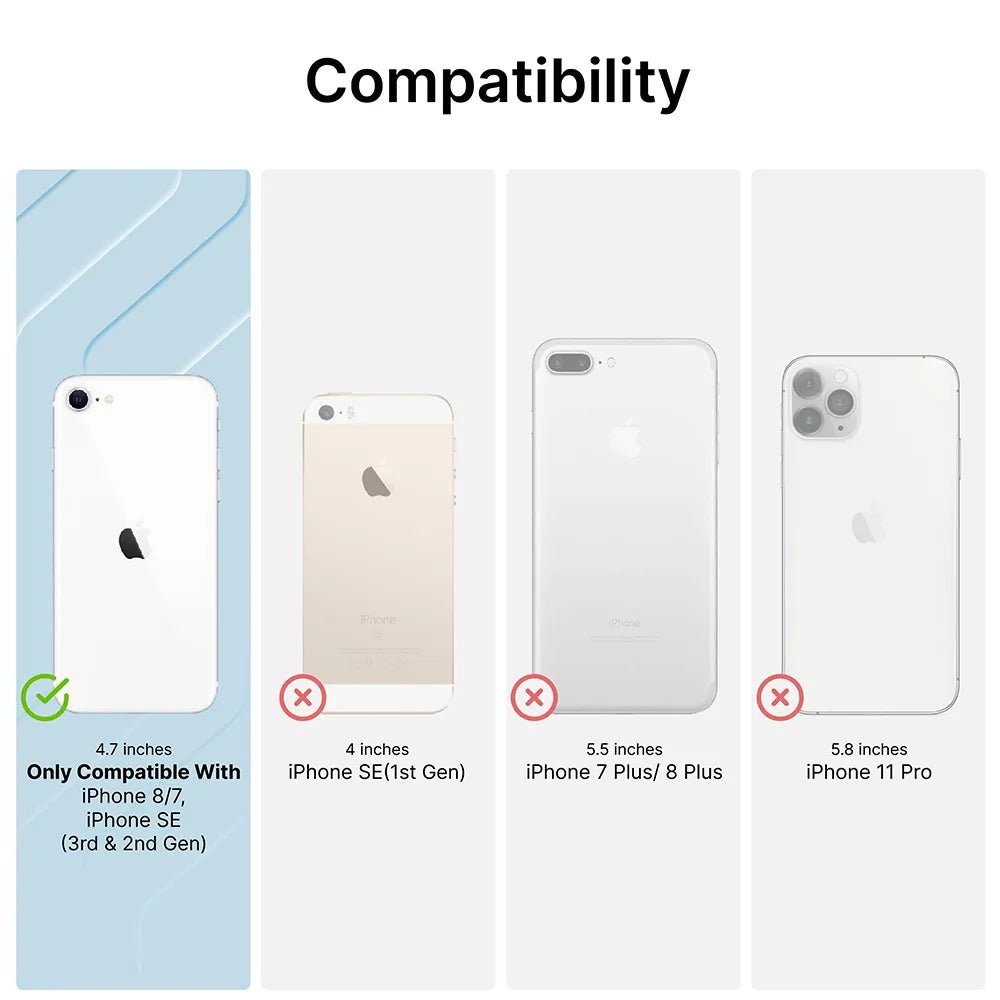 Compatibility chart: Catalyst Case US iPhone SE (Gen 3/2) Drop Proof Case fits iPhone 8/7/SE (3rd & 2nd Gen) 4.7" only (green check). Not compatible with iPhone SE 1st Gen, 7 Plus/8 Plus, or iPhone 11 Pro (red X).