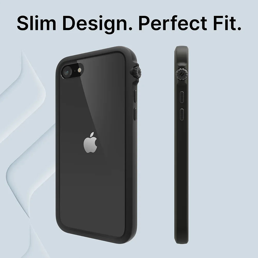 The Catalyst Case US Drop Proof Case for iPhone SE (Gen 3/2) is shown on a phone from the back and side against a light blue background. "Slim Design. Perfect Fit." appears at the top, highlighting its sleek look and precise fit.