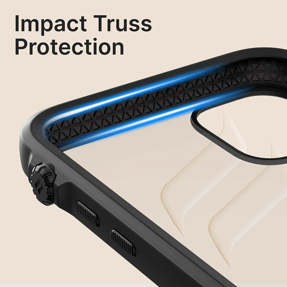Close-up of the Catalyst Case US iPhone 11 Pro Max Impact Protection Case in black, featuring a transparent back, reinforced corners, textured side grip, and an inner blue accent. “Impact Truss Protection” is displayed at the top left.