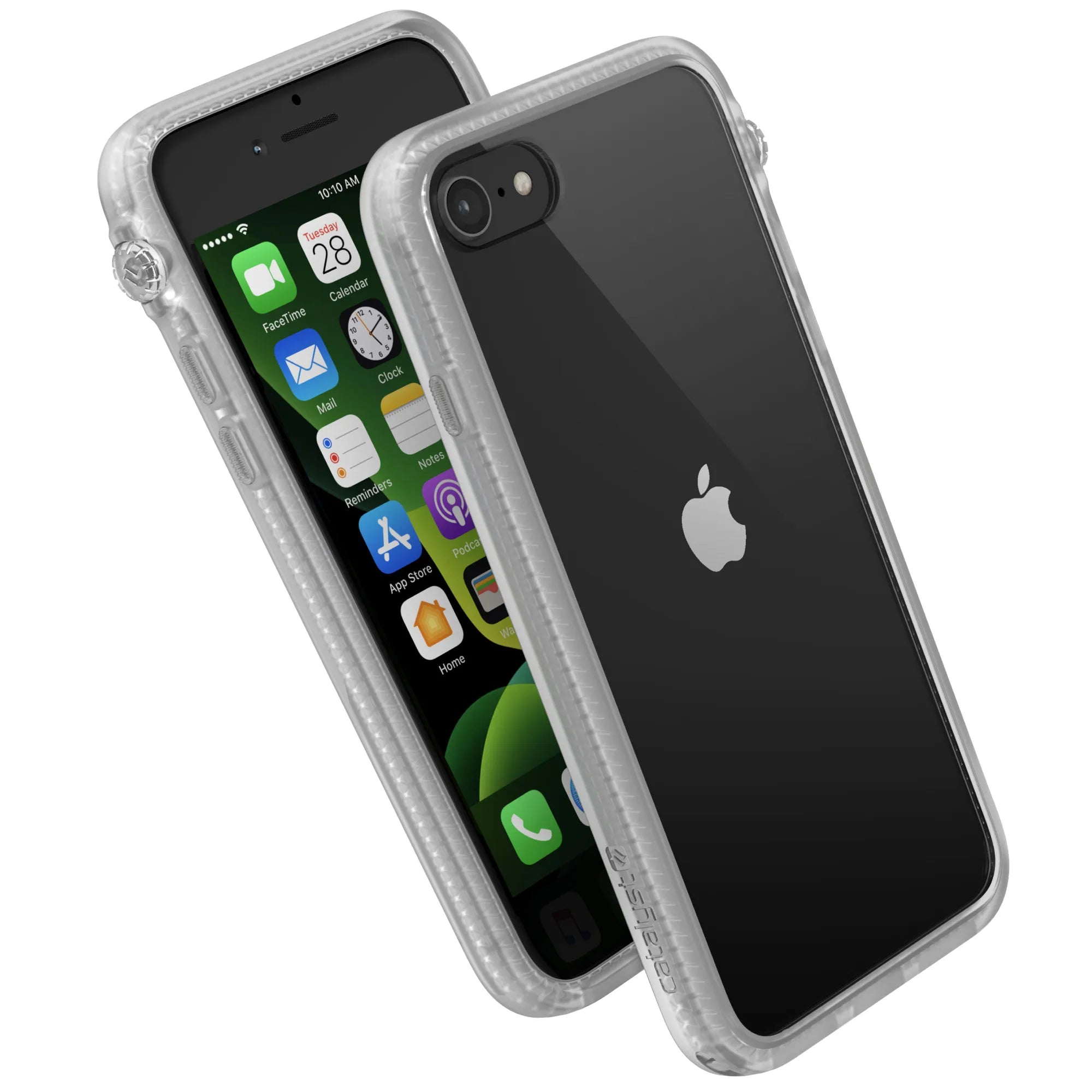 Two iPhone SE (Gen 3/2) phones—one showing the front with app icons and “28,” the other the back with Apple logo—are protected by Catalyst Case US Drop Proof Cases featuring reinforced corners and a transparent, rugged design.