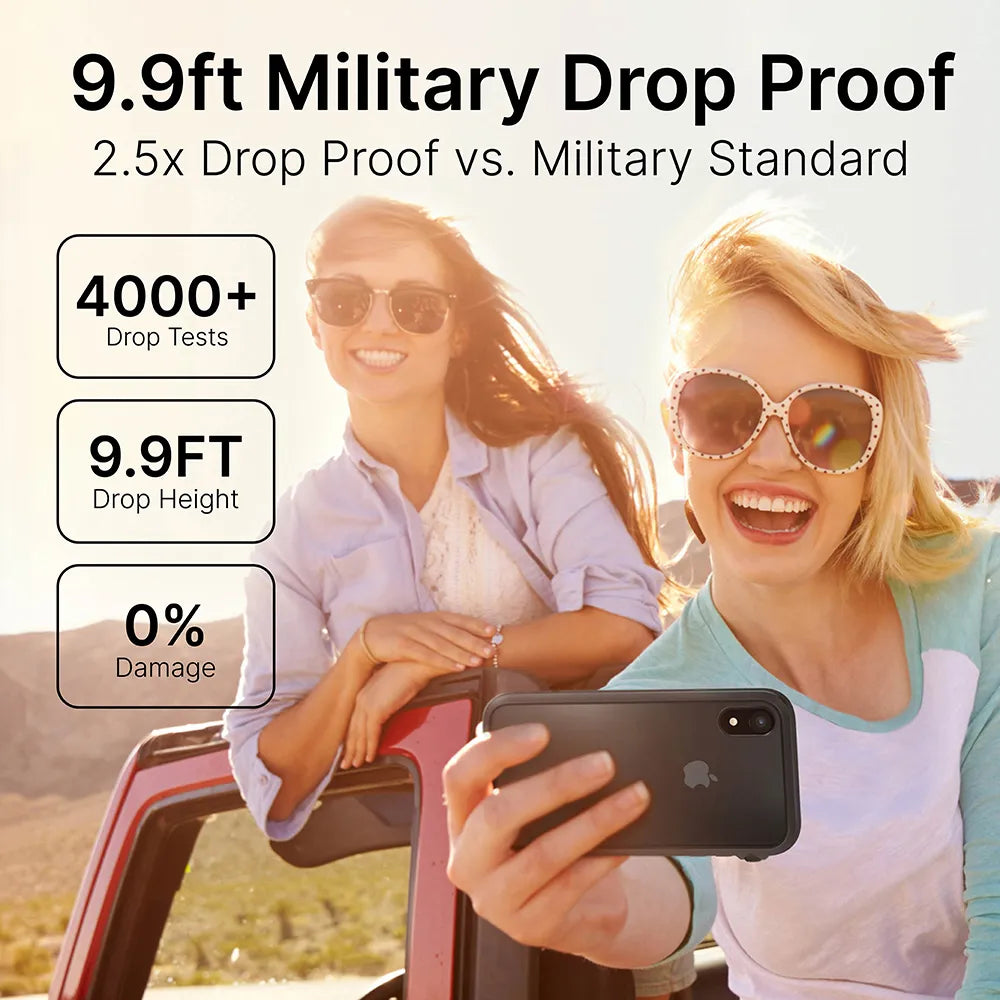 Two women in sunglasses lean from a red car, taking a selfie with their iPhone XR in a Catalyst Case US Impact Protection Case. On-screen text reads: “9.9ft Military Drop Proof,” “4000+ Drop Tests,” “0% Damage,” “2.5x vs. Military Standard.”.