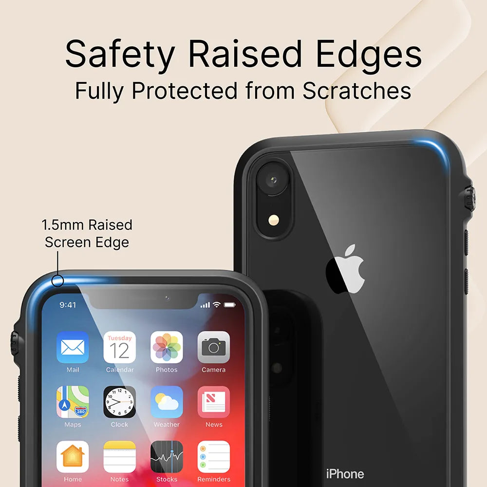Two iPhone XRs with black Catalyst Case US Impact Protection Cases are shown. The 1.5mm raised edges protect the screen and camera. Text above reads, "Safety Raised Edges, Fully Protected from Scratches." App icons and time are visible.