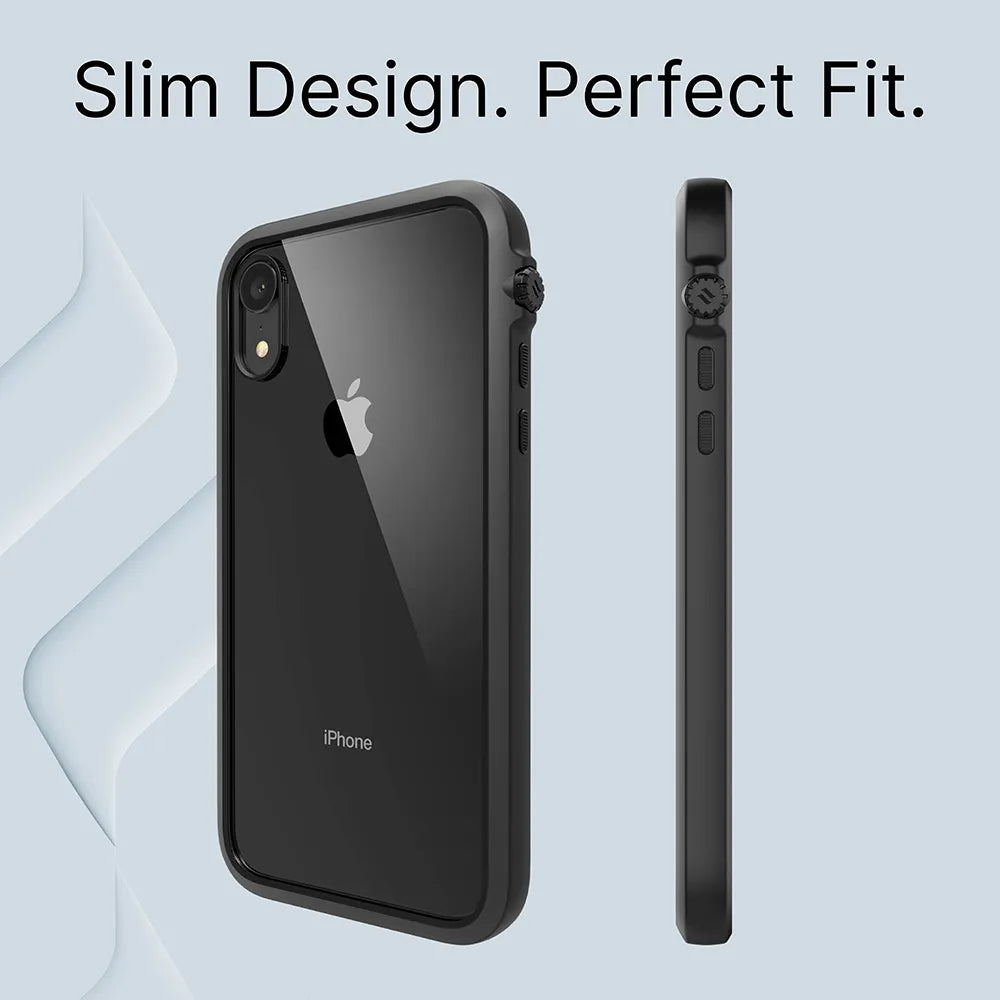 The Catalyst Case US Impact Protection Case for iPhone XR is shown from the back and side against a light blue background. Above the phone, black text reads, "Slim Design. Perfect Fit." The slim case closely fits and highlights the phone’s thin profile.