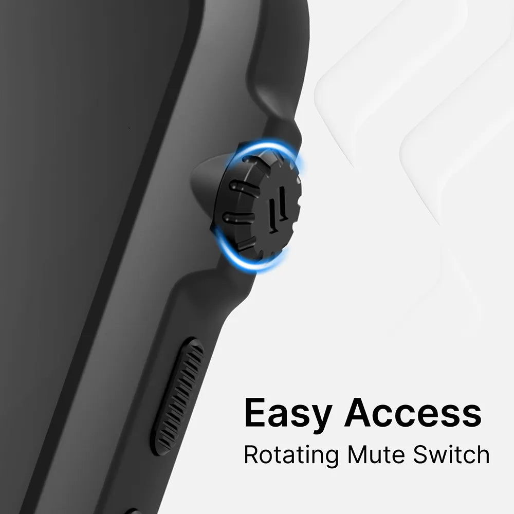 Close-up of the Catalyst Case US iPhone XR Impact Protection Case featuring an easy-access rotating mute switch with blue highlight and textured grips. The case’s edge and side button are partially visible.