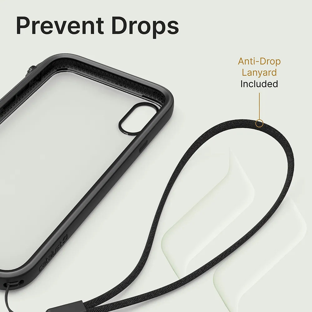 The Catalyst Case US iPhone XR - Impact Protection Case is displayed with black edges and an attached black anti-drop lanyard. "Prevent Drops" is highlighted, with an arrow pointing to the labeled "Anti-Drop Lanyard Included." Light gray background.