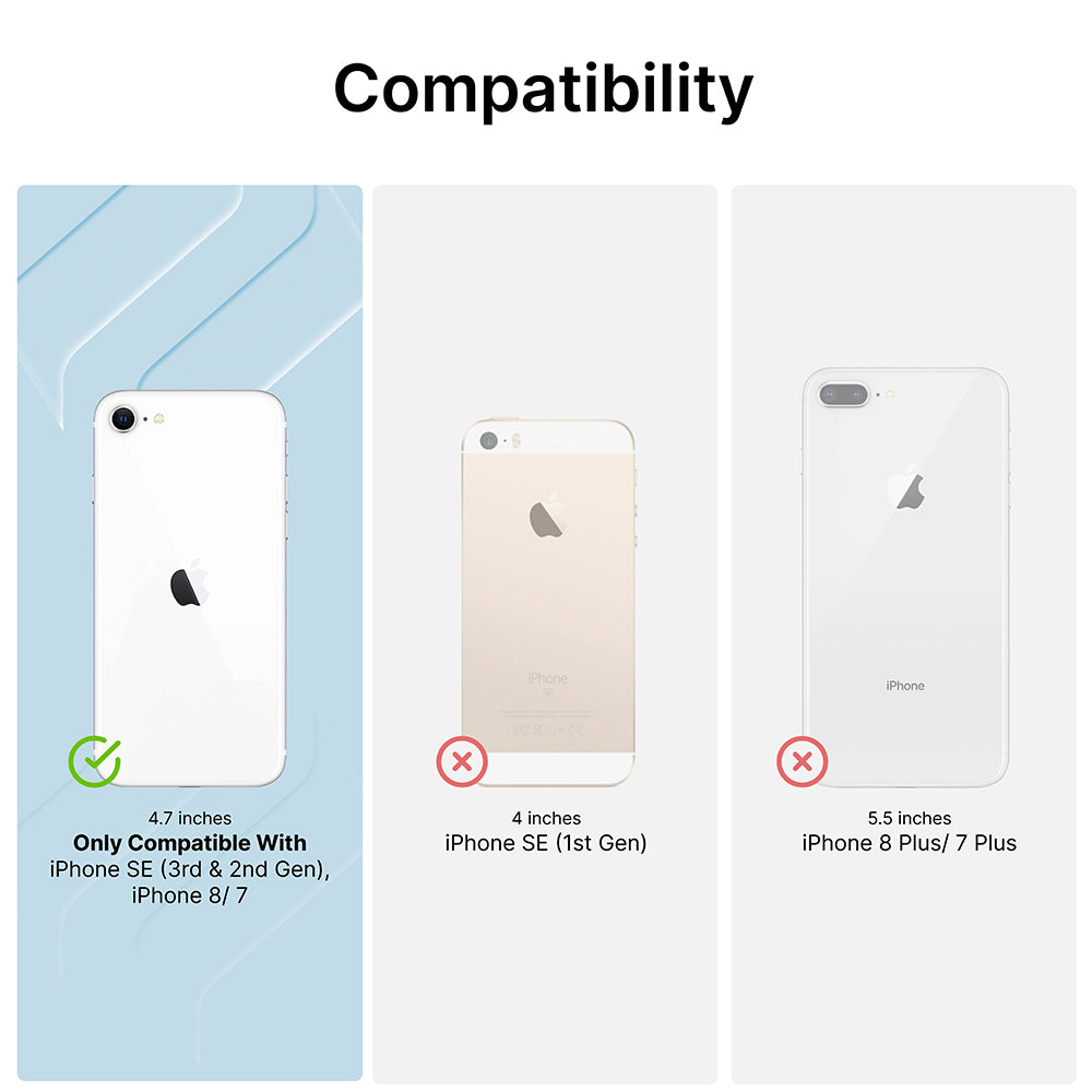 The Catalyst Case US Tempered Glass Screen Protector is only compatible with iPhone SE (Gen 3/2), iPhone 8, and iPhone 7 (4.7"), as shown by the green check under “Compatibility.”.