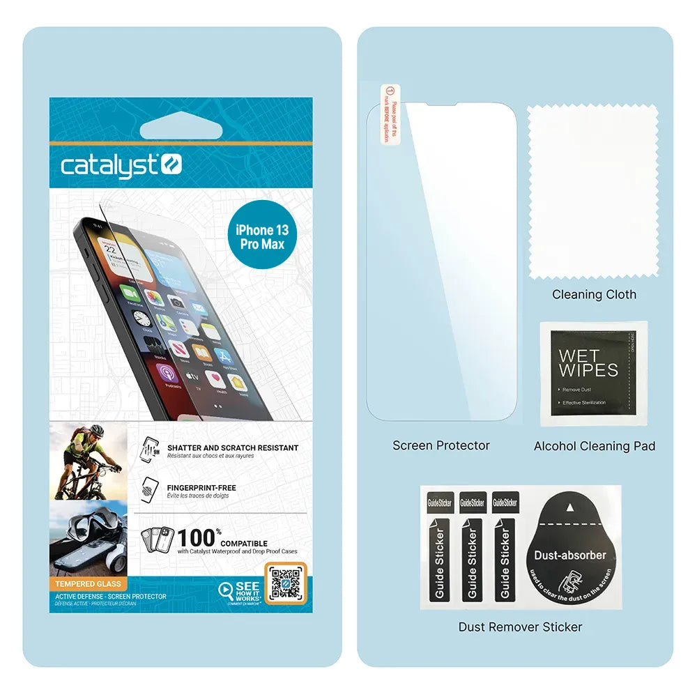 The image displays Catalyst Case US iPhone 13 Pro Max - Tempered Glass Screen Protector packaging, alongside included items: the screen protector, cleaning cloth, alcohol wipe, dust remover sticker, and three guide stickers on a blue background.
