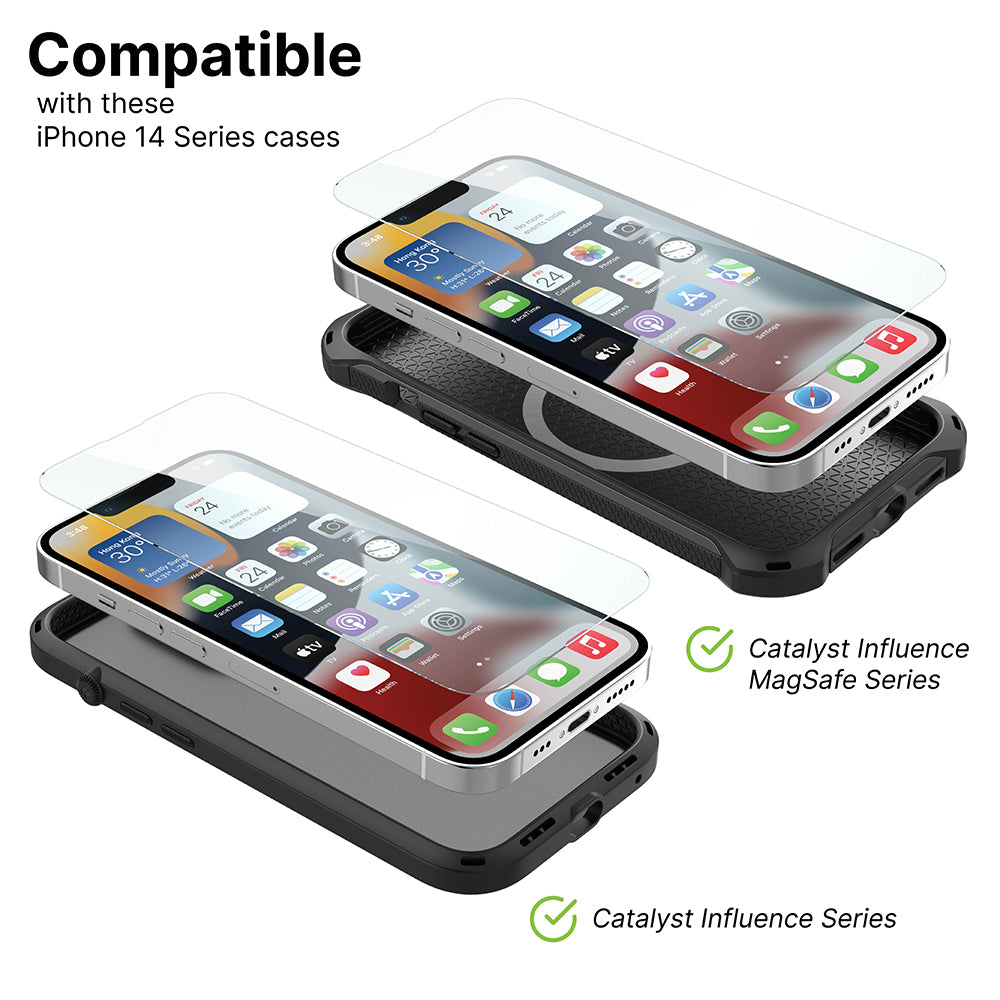 Two iPhone 14 Pro Max devices with Catalyst Case US Tempered Glass Screen Protectors are shown in Influence MagSafe Series and Influence Series cases, highlighting their compatibility with iPhone 14 Pro Max cases.