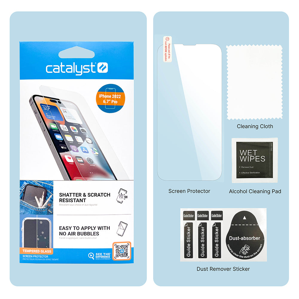 The Catalyst Case US iPhone 14 Pro Max Tempered Glass Screen Protector resists shattering and scratches, applies bubble-free, and includes glass, a cleaning cloth, alcohol wipe, dust remover stickers, and guide stickers.