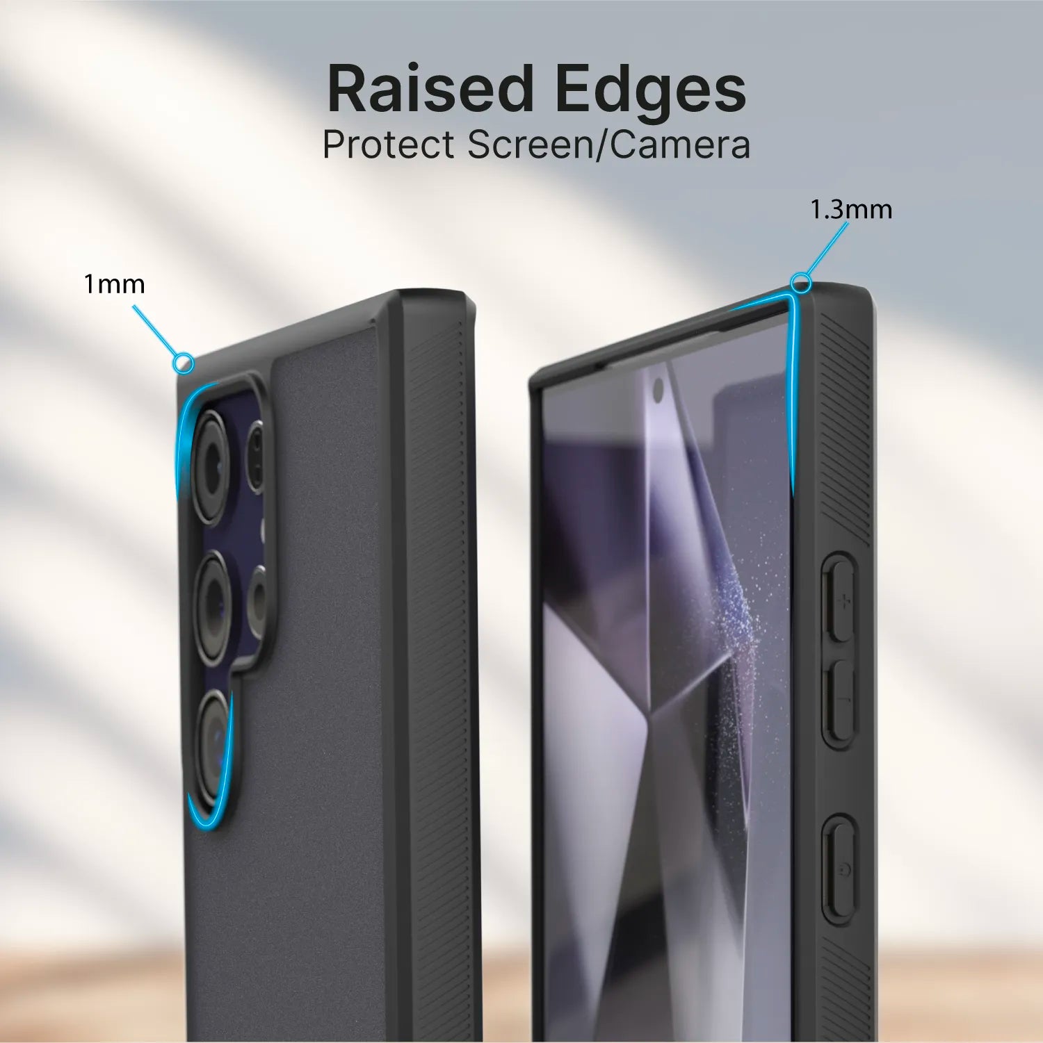The Catalyst Case US Samsung Galaxy S24 Ultra Impact Protection Case is black with textured sides and button cutouts. Blue outlines show its raised edges: 1mm for the camera, 1.3mm for the screen, with text “Raised Edges Protect Screen/Camera.”.