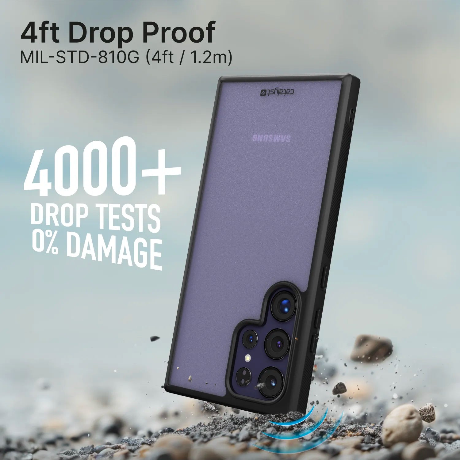 A Samsung Galaxy S24 Ultra encased in a Catalyst Case US Impact Protection Case rests on rocky ground, surrounded by scattered pebbles. Text highlights “4ft Drop Proof MIL-STD-810G” and “4000+ Drop Tests 0% Damage,” showcasing its durability.