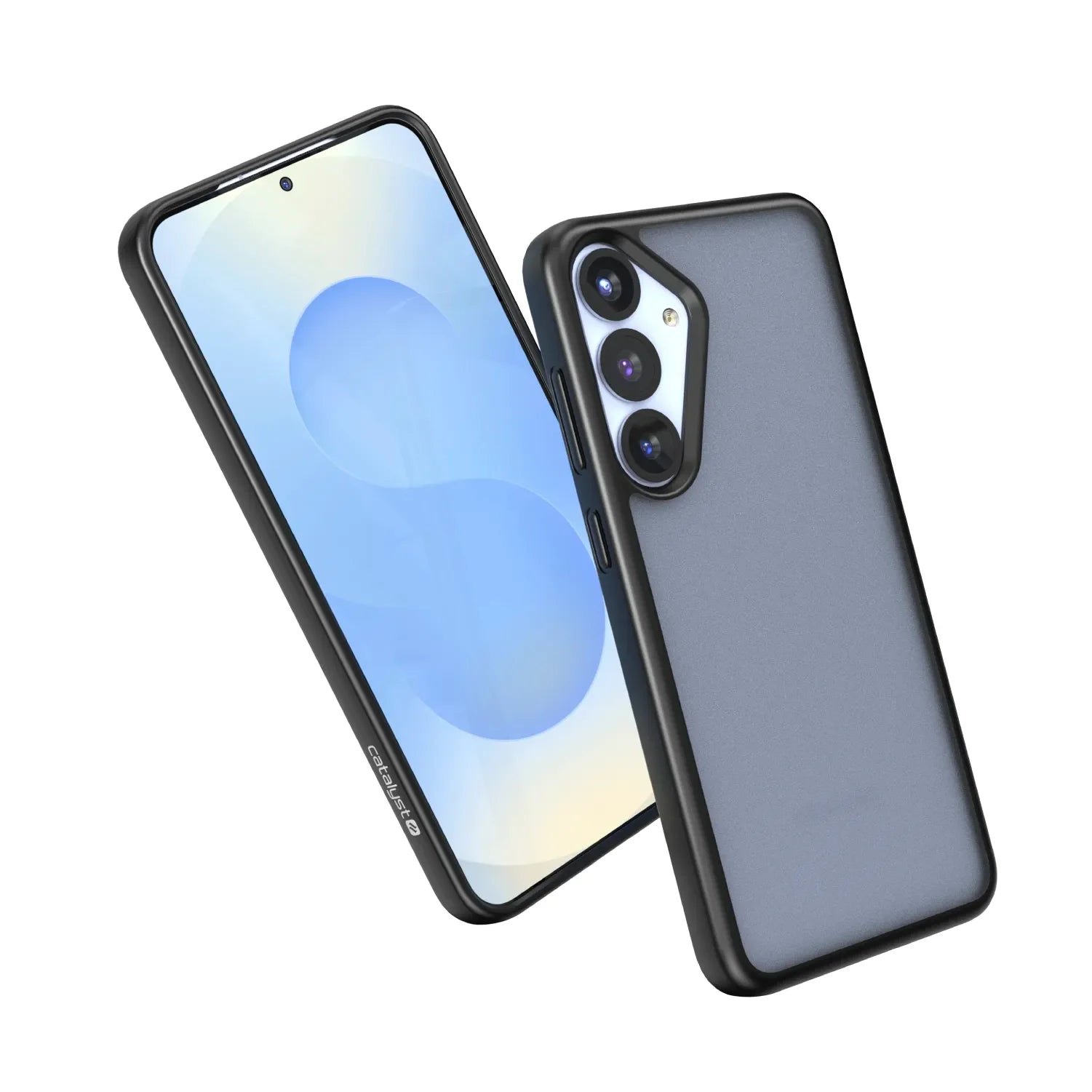 Two Samsung Galaxy S25 Plus phones are shown: one displays a light blue abstract wallpaper, and the other shows the Catalyst Case US Impact Protection Case in black with a matte border, translucent center, and three rear cameras in a triangular layout.