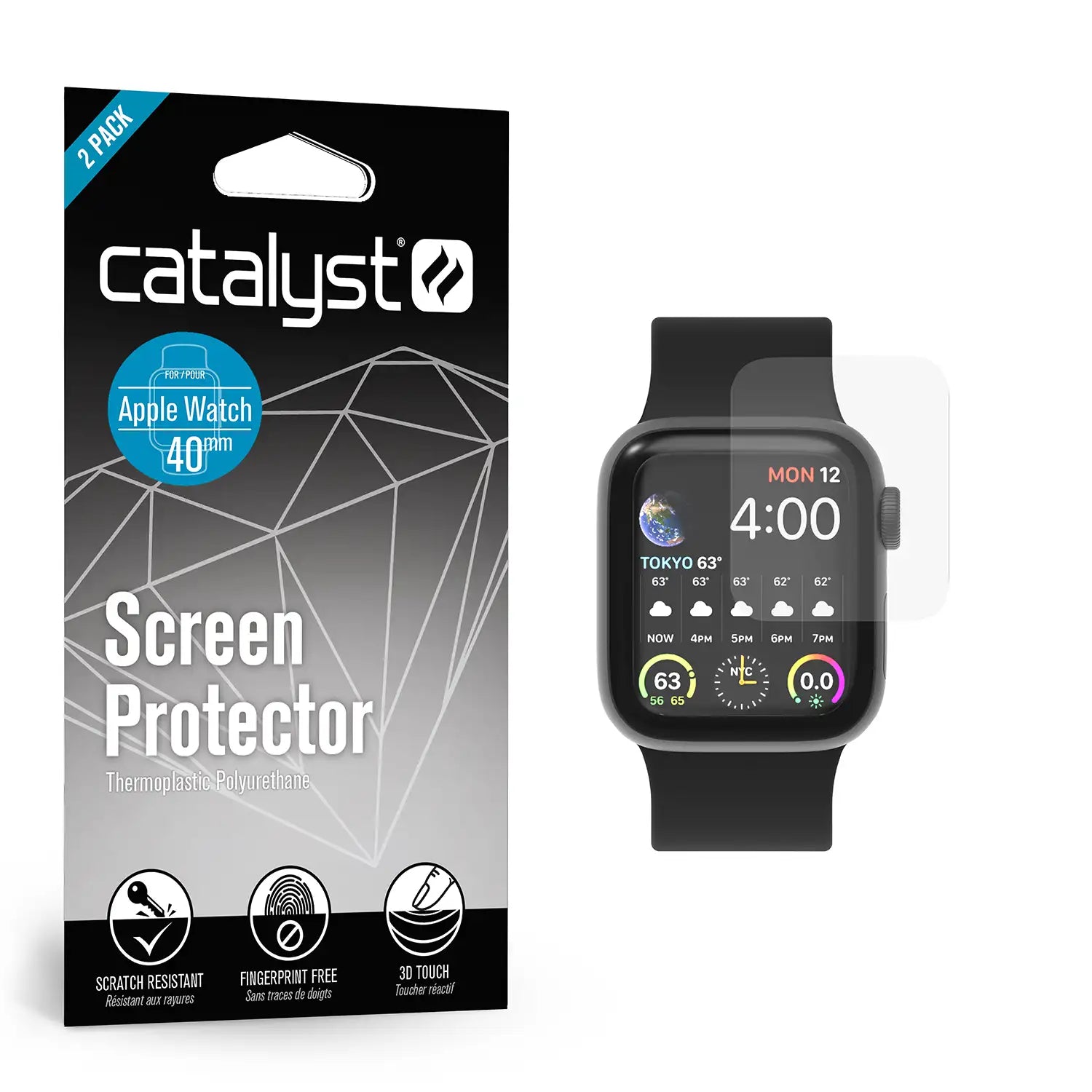 A Catalyst Case US 40mm Screen Protector (2 Pack) for Apple Watch Series 6/5/4/SE is shown next to an Apple Watch with a partially applied clear protector. Packaging notes it's scratch resistant, fingerprint free, and 3D touch compatible.