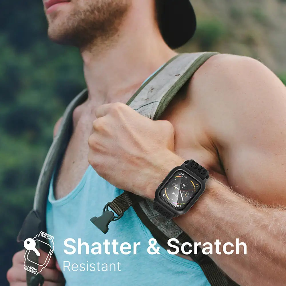 A man outdoors grips a backpack strap, wearing an Apple Watch Series 6 with a Catalyst Case US 40mm Screen Protector. Text reads “Shatter & Scratch Resistant” beside a watch icon; the blurred background hints at a mountainous landscape.
