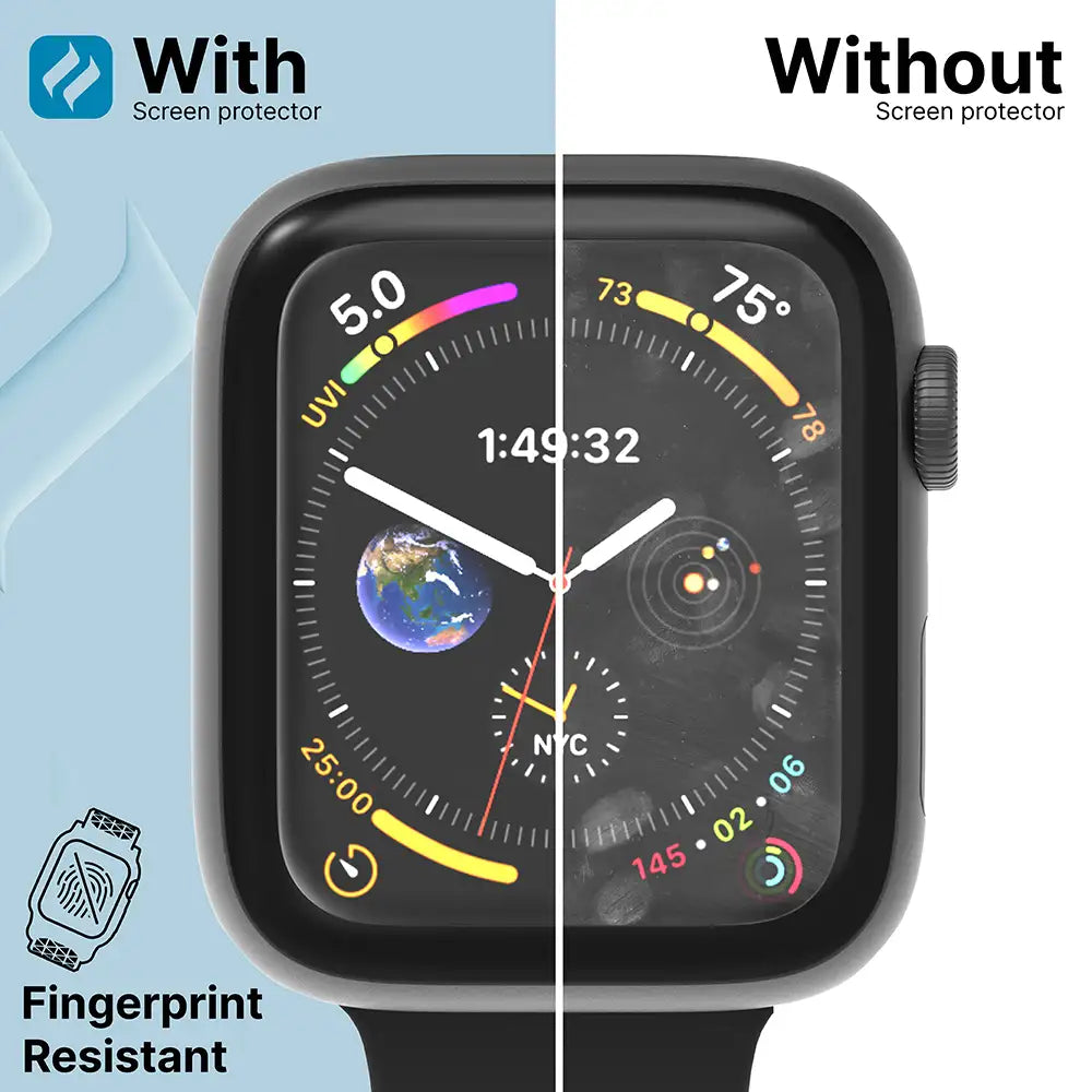 A 44mm Apple Watch face is split: the left, with Catalyst Case US Screen Protector, looks clean; the right, without it, shows smudges. Below: "Fingerprint Resistant." For Apple Watch Series 6/5/4/SE (Gen 2/1), 2-pack.