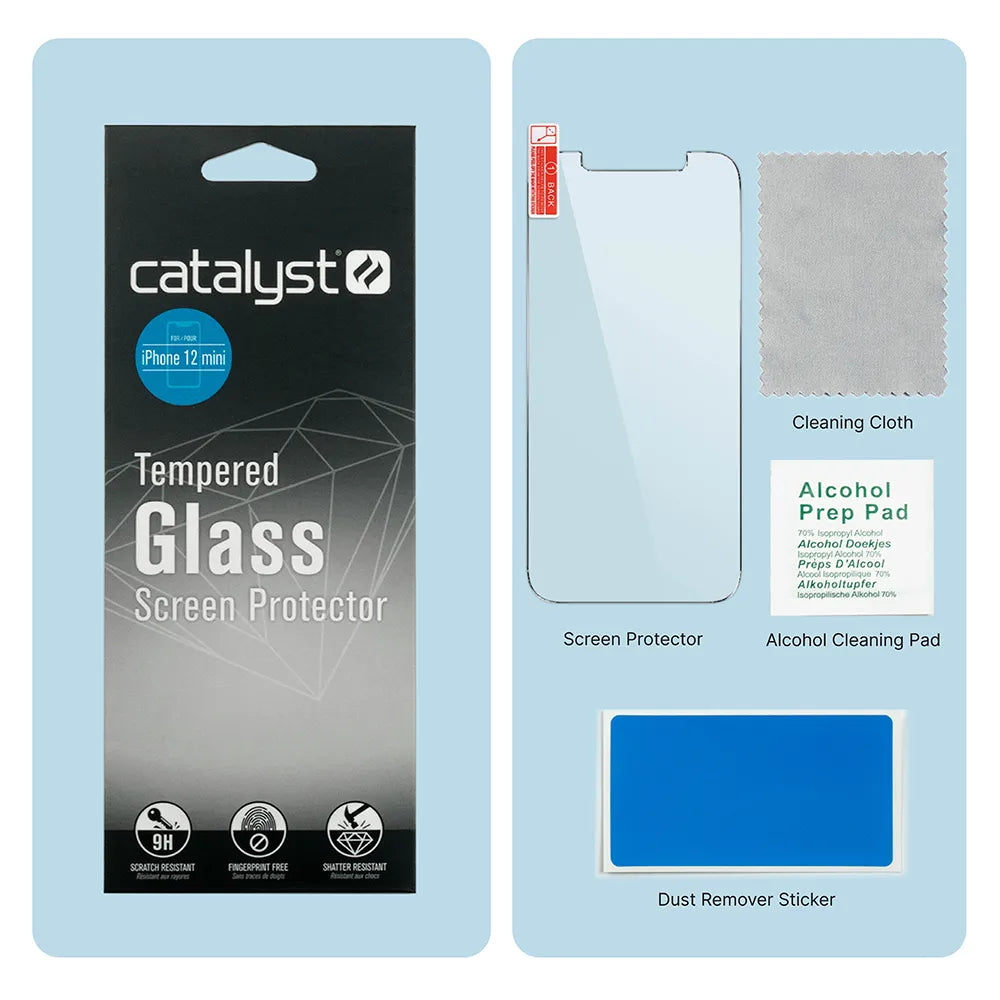 The image displays the Catalyst Case US iPhone 12 mini - Tempered Glass Screen Protector packaging and contents: screen protector, cleaning cloth, alcohol prep pad, and blue dust remover sticker, all arranged side by side.