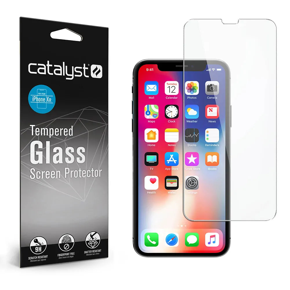 The Catalyst Case US iPhone 11/XR Tempered Glass Screen Protector is shown beside an iPhone X, with a clear, scratch-resistant glass demonstrating its precise fit for both iPhone 11 and XR models.
