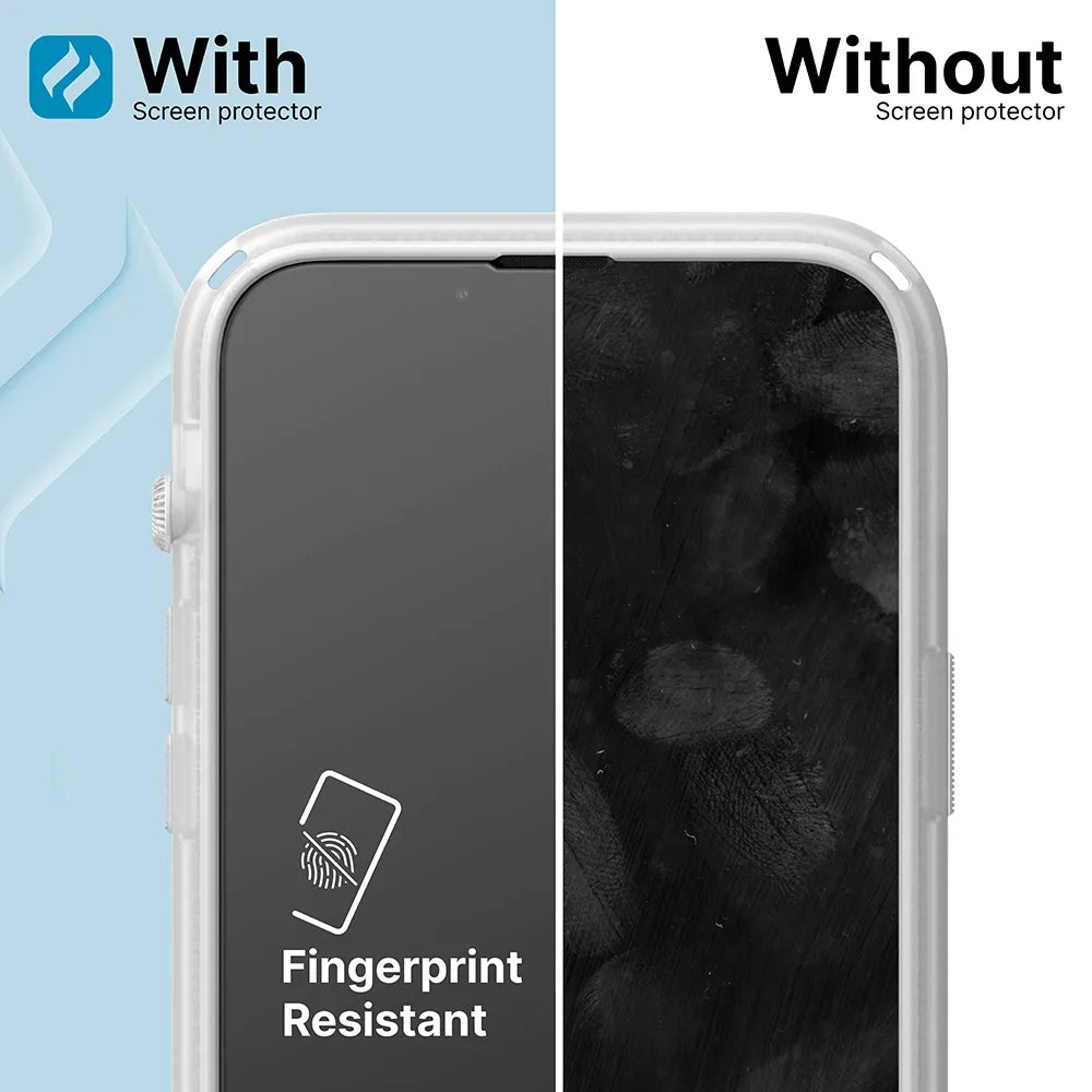 A split image of an iPhone 12 Pro Max displays the Catalyst Case US Tempered Glass Screen Protector: the left side ("With Screen Protector") is spotless, while the right ("Without") reveals fingerprint smudges. Text: "Fingerprint Resistant.