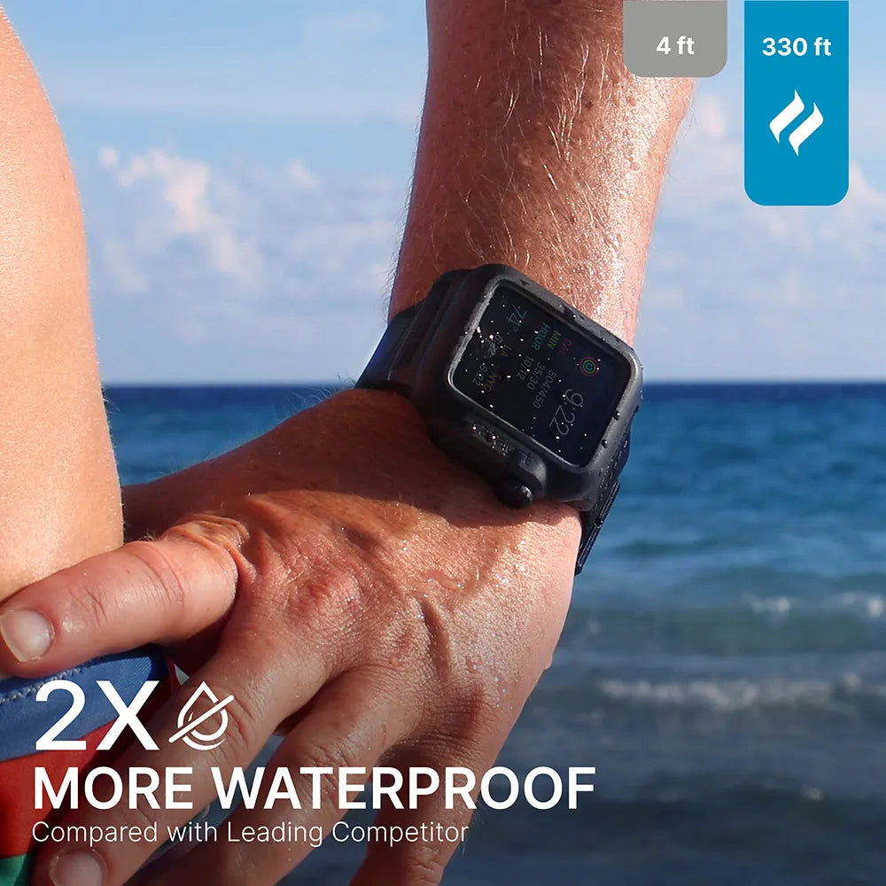 A close-up shows a wrist wearing the Catalyst Case US 42mm - 100M Waterproof Case + Band for Apple Watch Series 3/2, with water droplets by the ocean. Text reads "2x more waterproof than competitors," plus icons for 4 ft and 330 ft resistance.