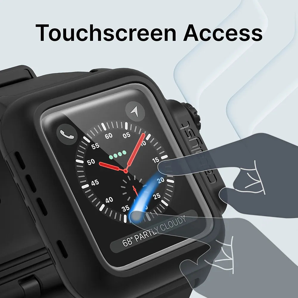 A digital illustration shows a hand using the Catalyst Case US 42mm - 100M Waterproof Case + Band for Apple Watch Series 3/2. The watch displays an analog face, weather (68° Partly Cloudy), app icons, and "Touchscreen Access" to highlight touch functionality.