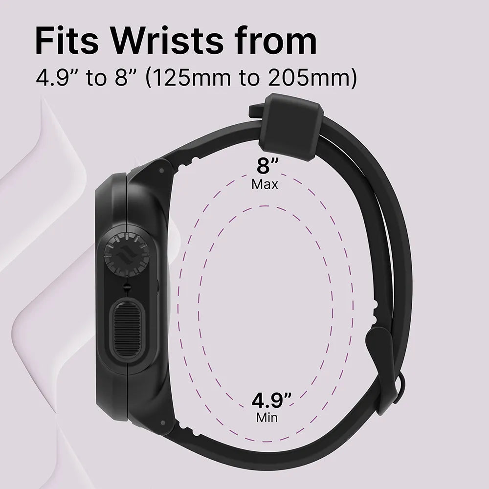 The Catalyst Case US 44mm 100M Waterproof Case + Band for Apple Watch Series 6/5/4/SE (Gen 2/1) in black is shown from the side. Fits wrists from 4.9" to 8" (125mm to 205mm). Light purple background with dashed lines showing fit range.