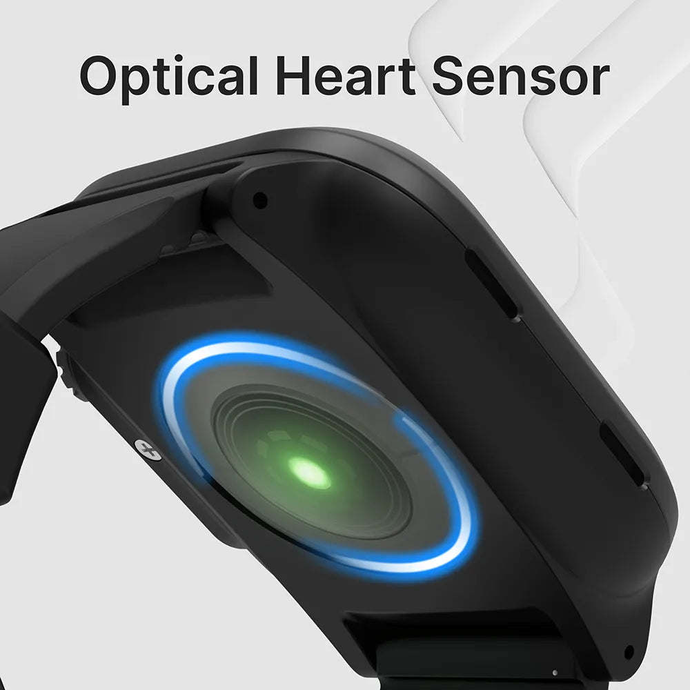 Close-up of a Catalyst Case US 44mm - 100M Waterproof Case + Band for Apple Watch Series 6/5/4/SE (Gen 2/1), showing the illuminated green optical heart sensor with a blue ring. Light gray background and “Optical Heart Sensor” in dark gray at the top.