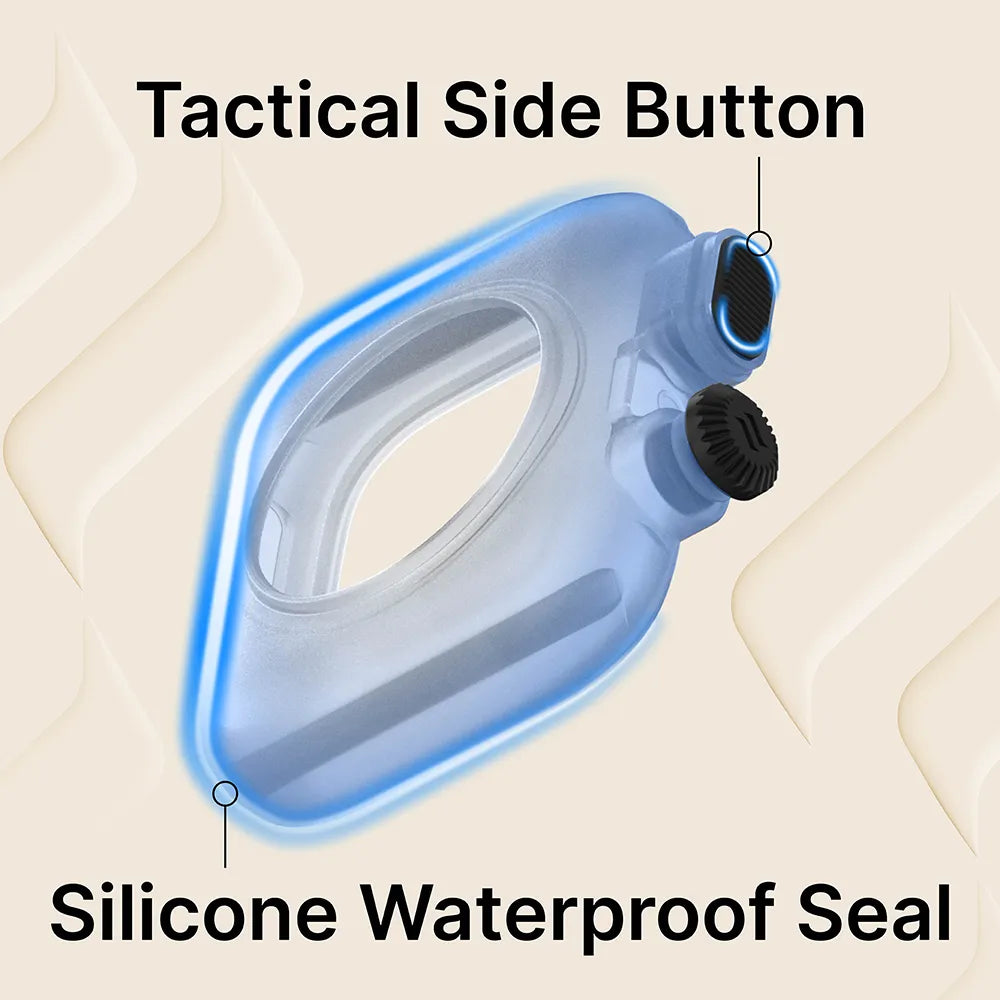 A Catalyst Case US 45mm - 330ft Waterproof Case + Band for Apple Watch Series 9/8/7 is shown, highlighting a "Tactical Side Button" (upper right) and "Silicone Waterproof Seal" (lower left) on a beige, wave-patterned background.