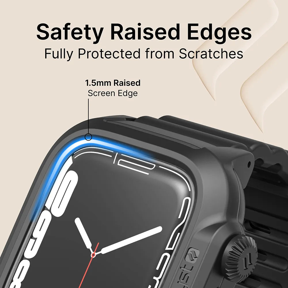 Close-up of the Catalyst Case US 45mm - 330ft Waterproof Case + Band for Apple Watch Series 9/8/7, showing black case with 1.5mm raised edges. Text: "Safety Raised Edges, Fully Protected from Scratches.