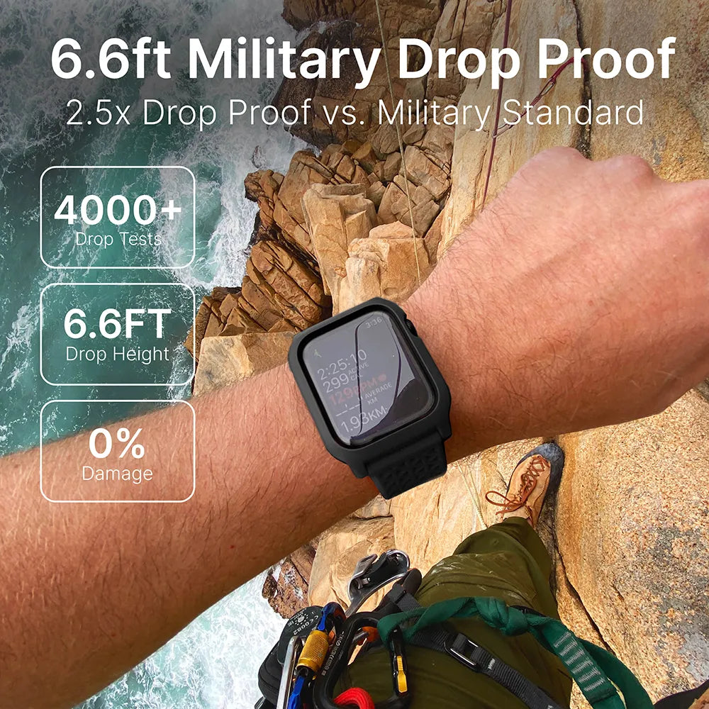 A close-up of a climberÃƒÂ¢Ã¢â€šÂ¬Ã¢â€žÂ¢s arm wearing the Catalyst Case US 45mm - 330ft Waterproof Case + Band for Apple Watch Series 9/8/7, highlighting its rugged design and 6.6ft military drop proof protection with 4000+ drop tests for ultimate durability.
