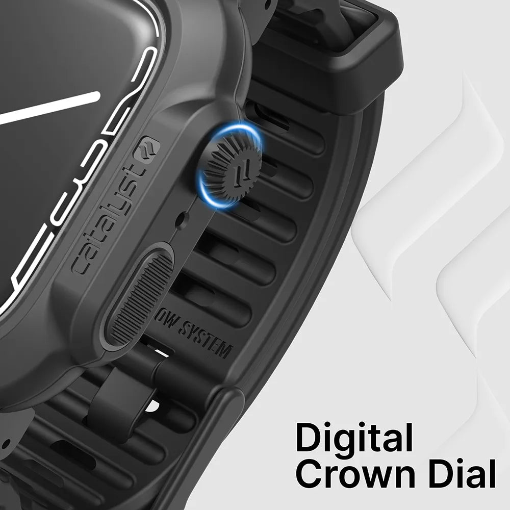 Close-up of the Catalyst Case US 45mm - 330ft Waterproof Case + Band for Apple Watch Series 9/8/7, featuring a rugged design and textured strap. The round Digital Crown Dial emits a blue light ring; ÃƒÂ¢Ã¢â€šÂ¬Ã…â€œDigital Crown DialÃƒÂ¢Ã¢â€šÂ¬Ã‚Â appears in bold black text.