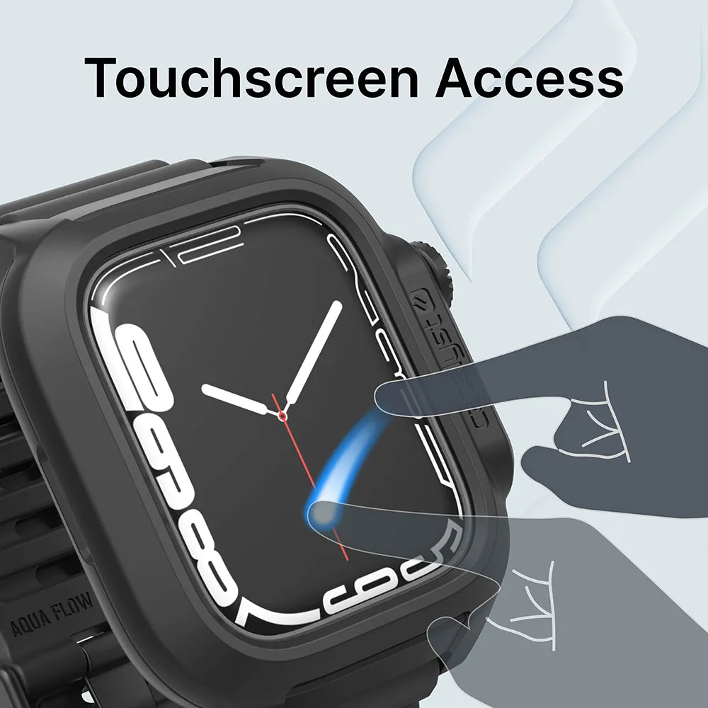 A close-up of the Catalyst Case US 45mm - 330ft Waterproof Case + Band for Apple Watch Series 9/8/7 shows a userÃƒÂ¢Ã¢â€šÂ¬Ã¢â€žÂ¢s hand accessing the touchscreen, with "Touchscreen Access" displayed above on a light background.