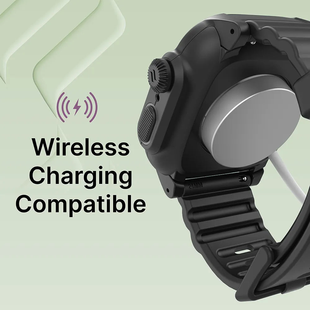 Side view of the Catalyst Case US 45mm - 330ft Waterproof Case + Band for Apple Watch Series 9/8/7 in black, shown on a light green background with a magnetic charging cable attached.