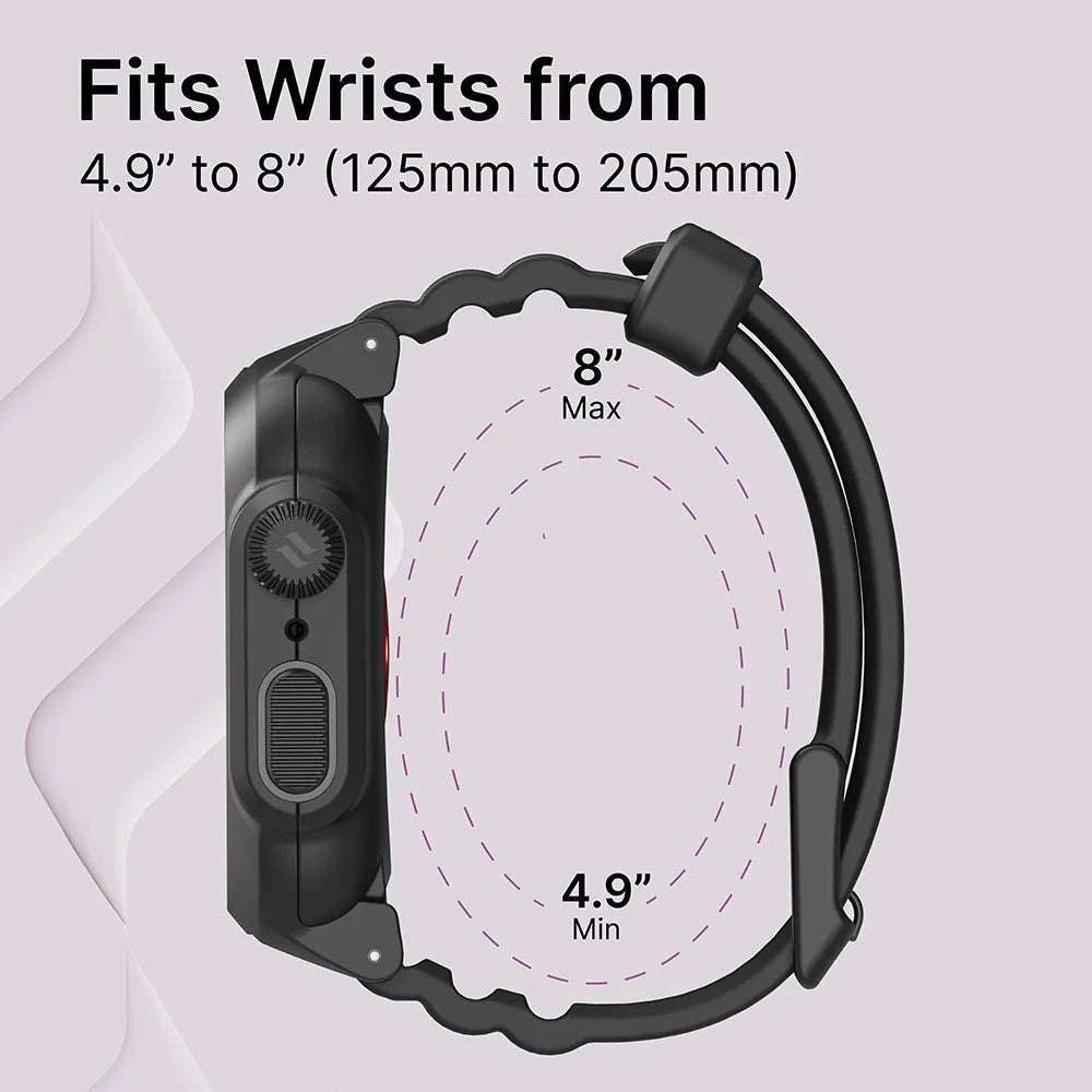 The Catalyst Case US 45mm - 330ft Waterproof Case + Band for Apple Watch Series 9/8/7 is shown from the side with a black band and adjustable fit, suiting wrists from 4.9 in (125mm) to 8 in (205mm) for maximum comfort.