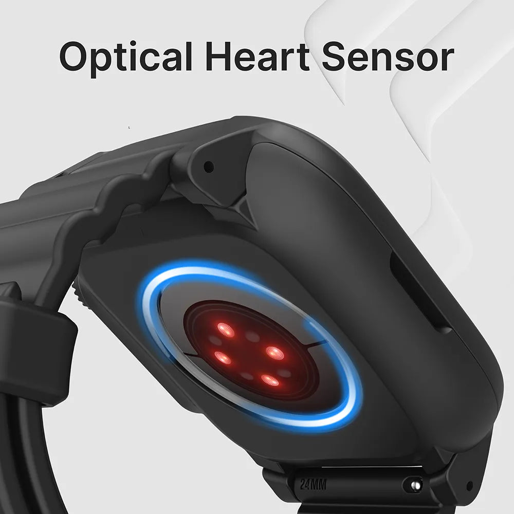 Close-up of Catalyst Case US 45mmÃƒÂ¢Ã¢â€šÂ¬Ã¢â‚¬Â330ft Waterproof Case + Band for Apple Watch Series 9/8/7, highlighting the advanced heart sensor with red and blue lights, sleek black strap, and modern design.
