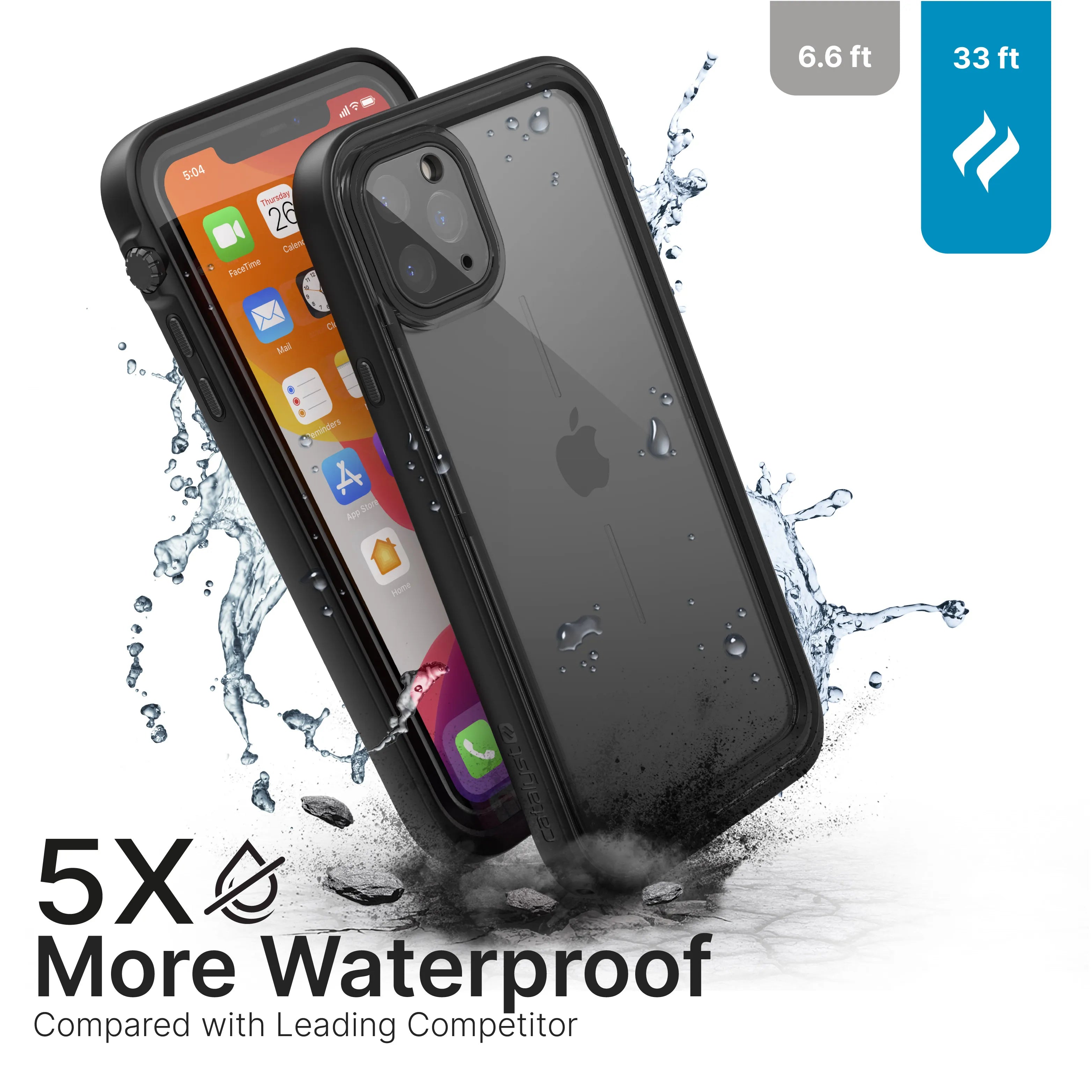 The Catalyst Case US iPhone 11 Pro Max Waterproof Case is shown with water splashes, highlighting its waterproofing: “5X More Waterproof Compared to Leading Competitor.” Icons show depth: 6.6 ft vs 33 ft. An iPhone sits inside the case.