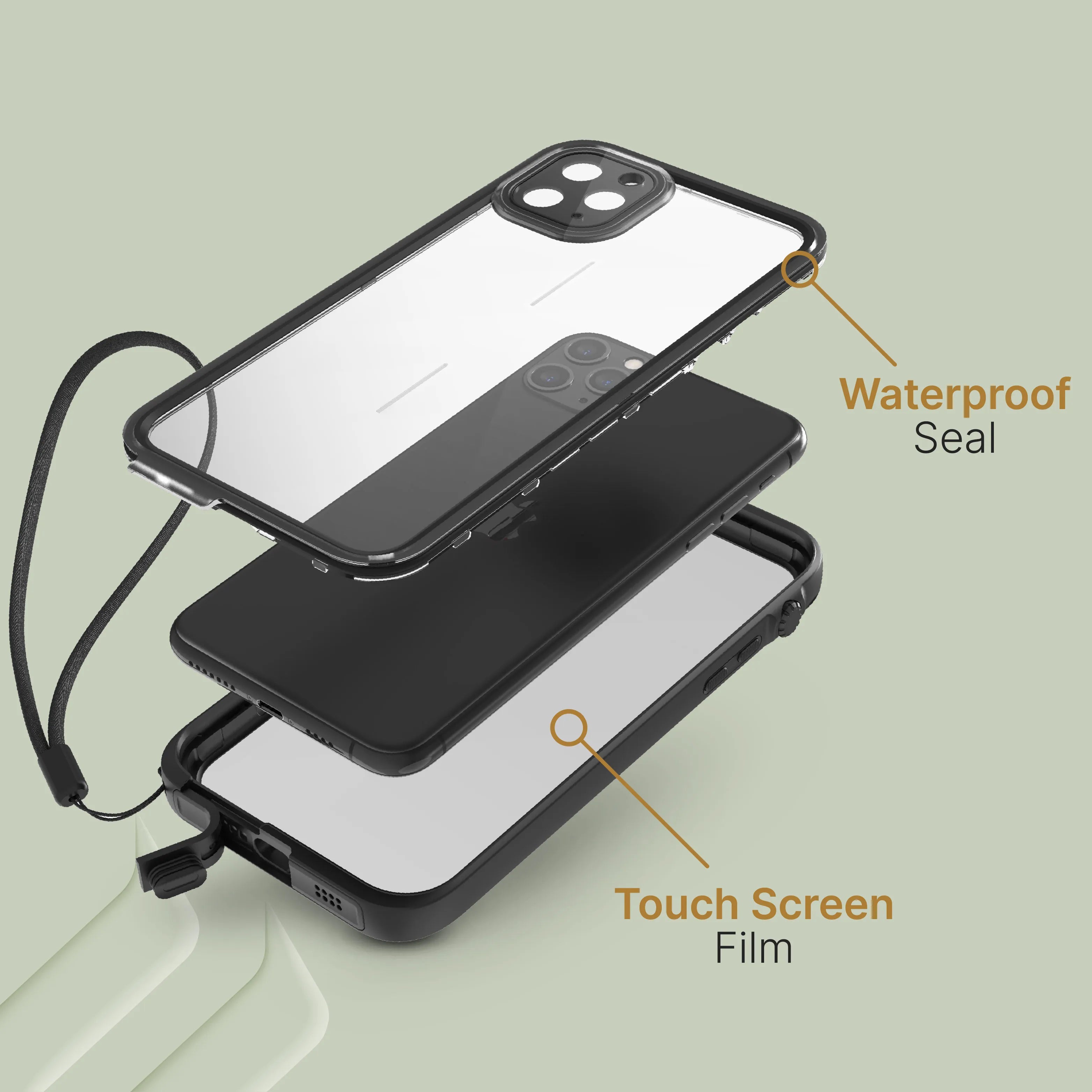Exploded view of the Catalyst Case US iPhone 11 Pro Max Waterproof Case shows three layers: clear top with “Waterproof Seal,” middle with phone, bottom frame labeled “Touch Screen Film,” plus an attached wrist strap.