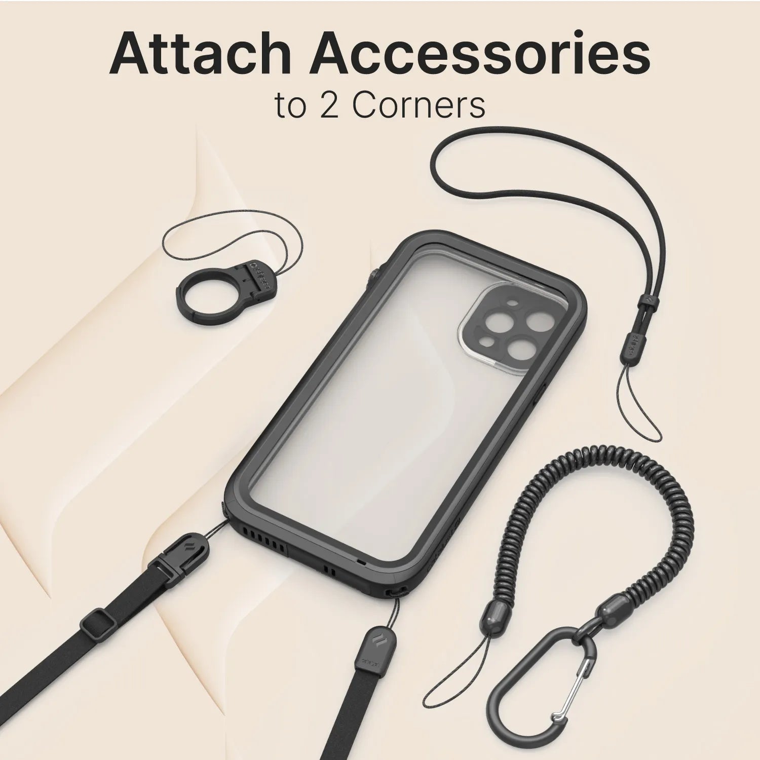 The Catalyst Case US iPhone 12 Waterproof Case - Total Protection is shown with black-edged clear design and two corner attachment points, surrounded by a ring, wrist strap, coiled lanyard with carabiner, and neck strap for versatile accessory use.
