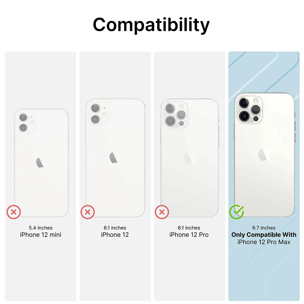 Four iPhone models are shown: iPhone 12 mini (5.4"), iPhone 12 (6.1"), and iPhone 12 Pro (6.1") have red Xs, while only the iPhone 12 Pro Max (6.7") has a green check—compatible only with Catalyst Case US Vibe Case for iPhone 12 Pro Max.