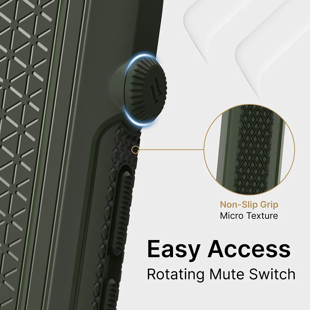 Close-up of the Catalyst Case US iPhone 12 mini - Vibe Case corner shows a textured non-slip grip and rotating mute switch. An inset circle magnifies the micro texture. Text reads: “Non-Slip Grip Micro Texture” and “Easy Access Rotating Mute Switch.”.