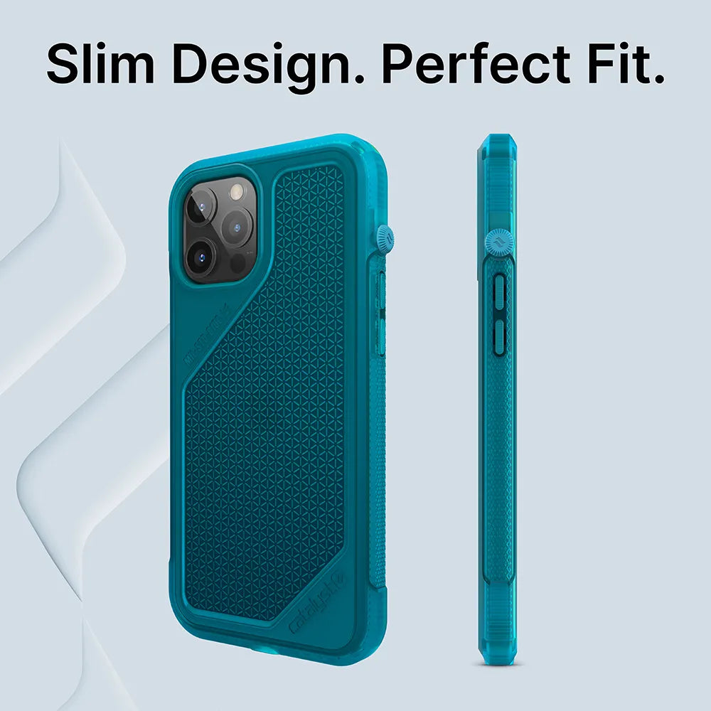 The Catalyst Case US iPhone 12 mini - Vibe Case is displayed from the back and side on a light blue background. Black bold text reads "Slim Design. Perfect Fit." The turquoise case features a geometric grip pattern and precise cutouts.