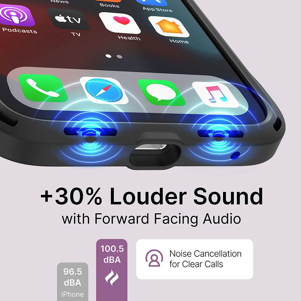 The Catalyst Case US iPhone 13 - Vibe Case (MagSafe Compatible) is shown in black with blue sound waves for forward-facing audio. Screen displays app icons. "+30% Louder Sound with Forward Facing Audio." Noise cancellation and decibel values included.