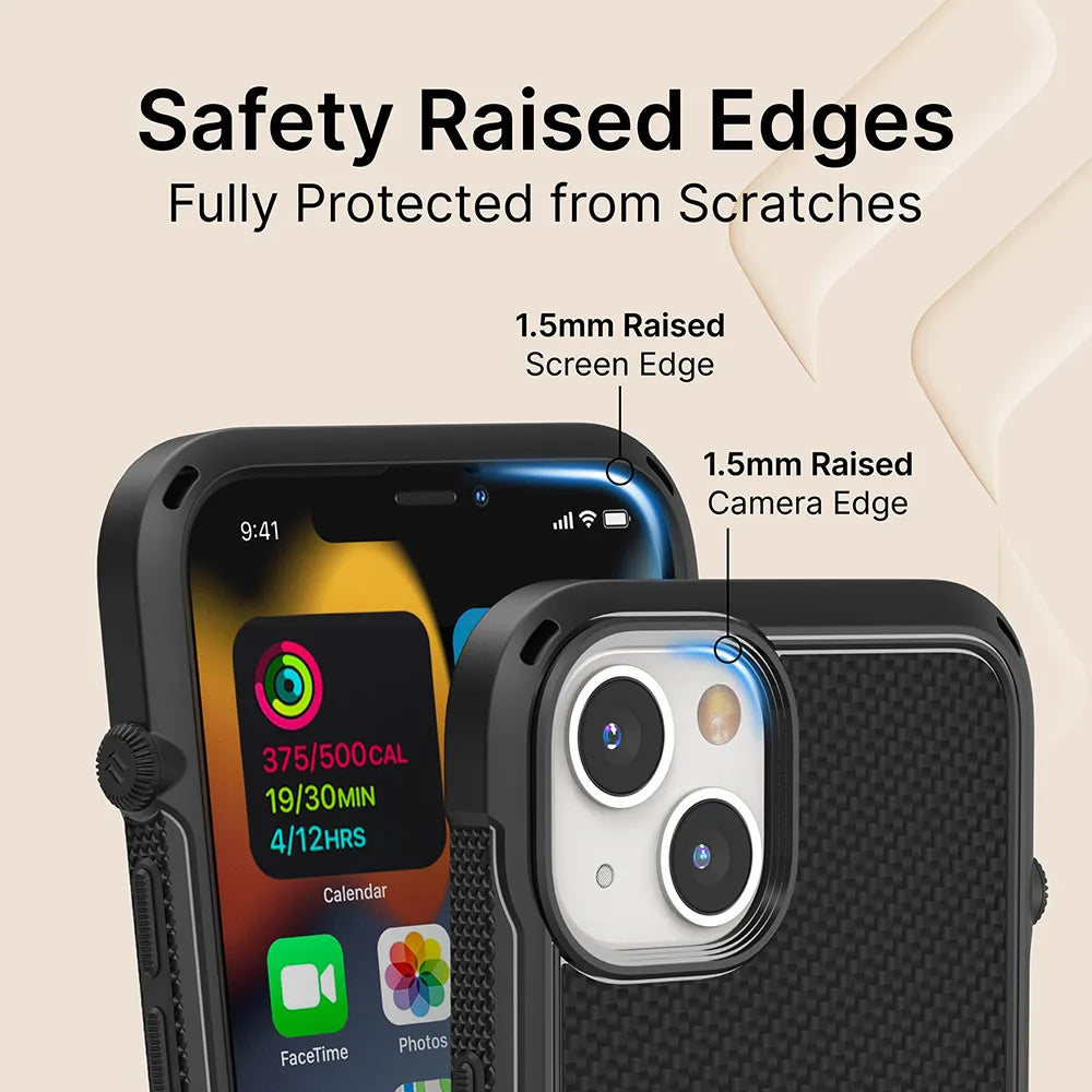 Close-up of the Catalyst Case US iPhone 13 Vibe Case (MagSafe Compatible) on a phone, showing 1.5mm raised edges around the screen and camera. Beige background with bold text: “Safety Raised Edges—Fully Protected from Scratches.”.