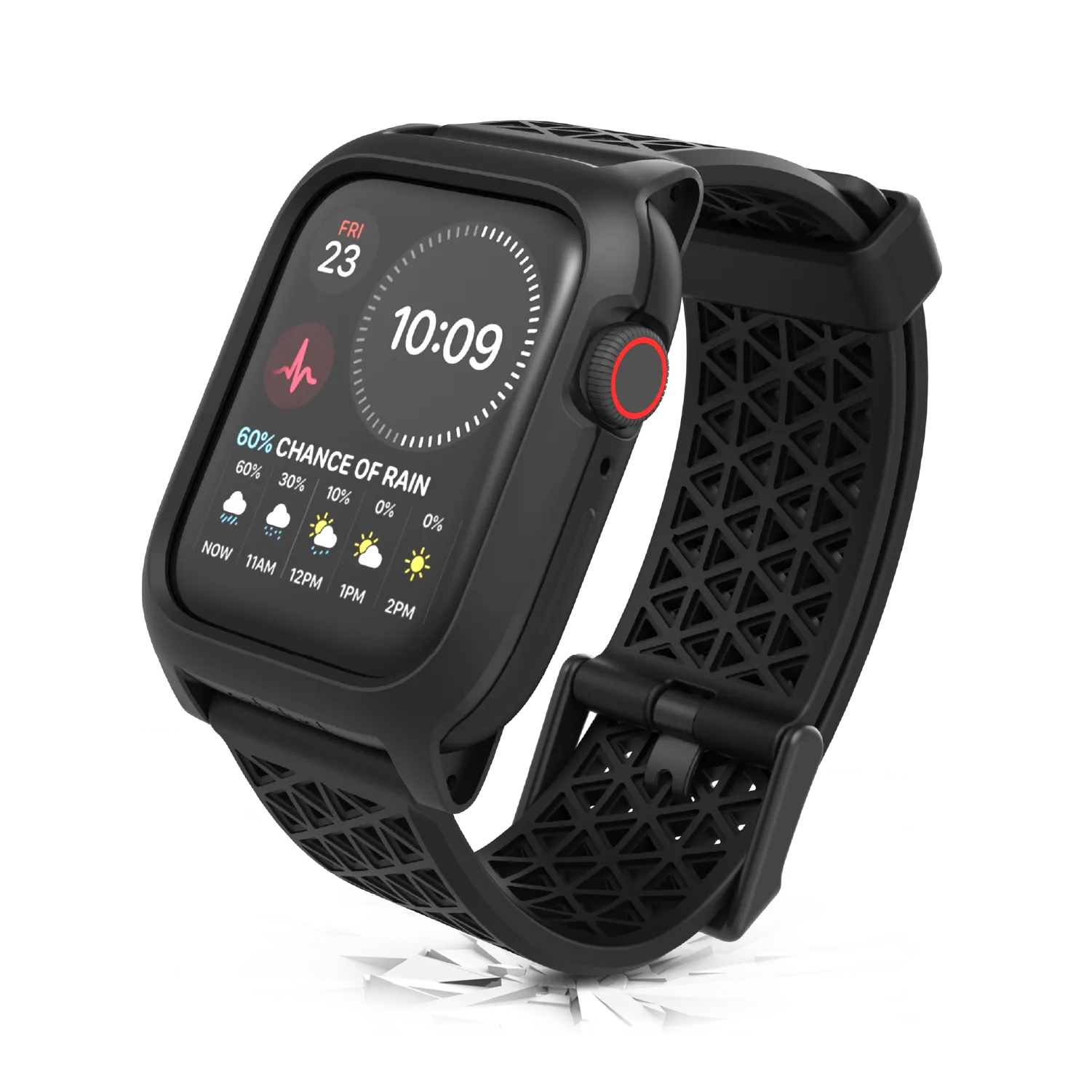 The Catalyst Case US 44mm Rugged Case + Band for Apple Watch Series 6/5/4/SE (Gen 2/1) is shown in black, displaying the time (10:09), Fri 23, heart rate, and a weather forecast with a 60% chance of rain.