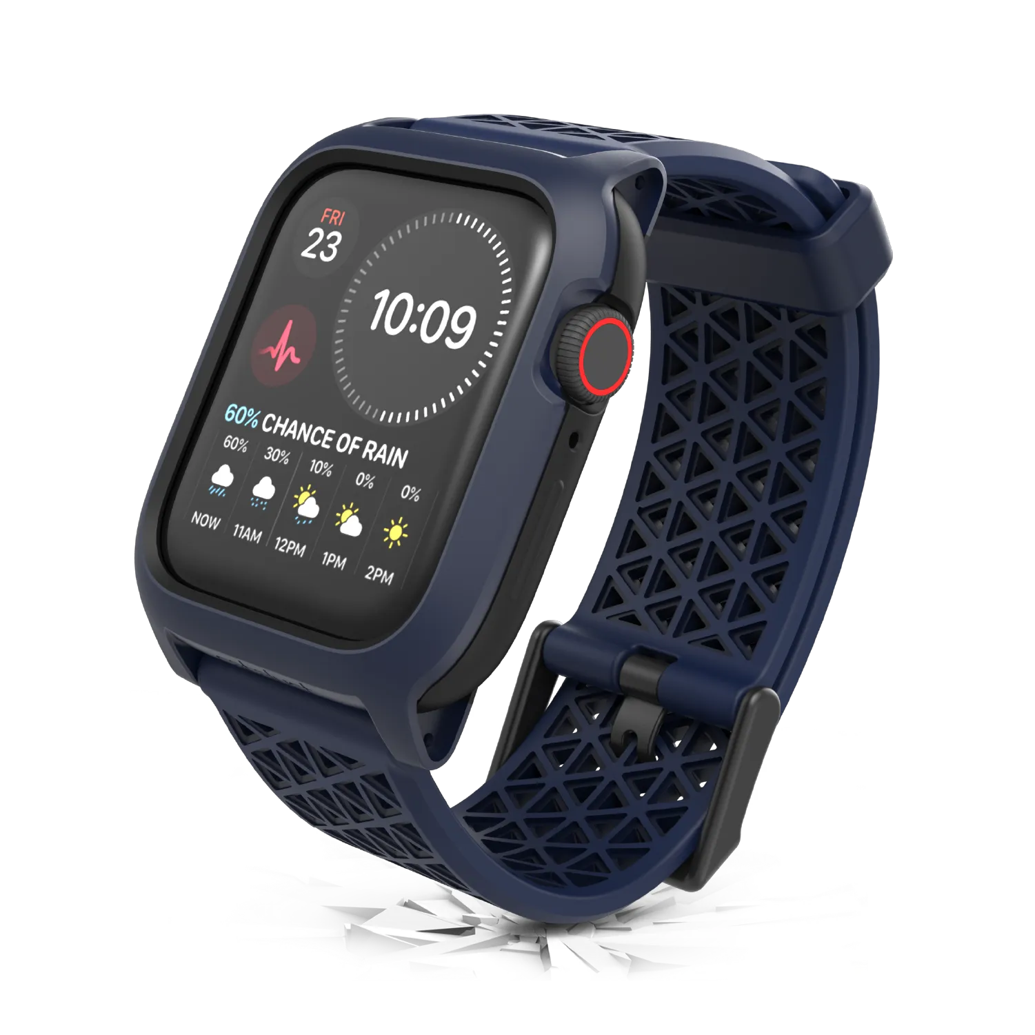 The Catalyst Case US 44mm Rugged Case + Band for Apple Watch Series 6/5/4/SE (Gen 2/1) features a blue, textured band and angled display showing time (10:09), date (Fri 23), heart rate, weather with rain chance, plus a red-accented side button.