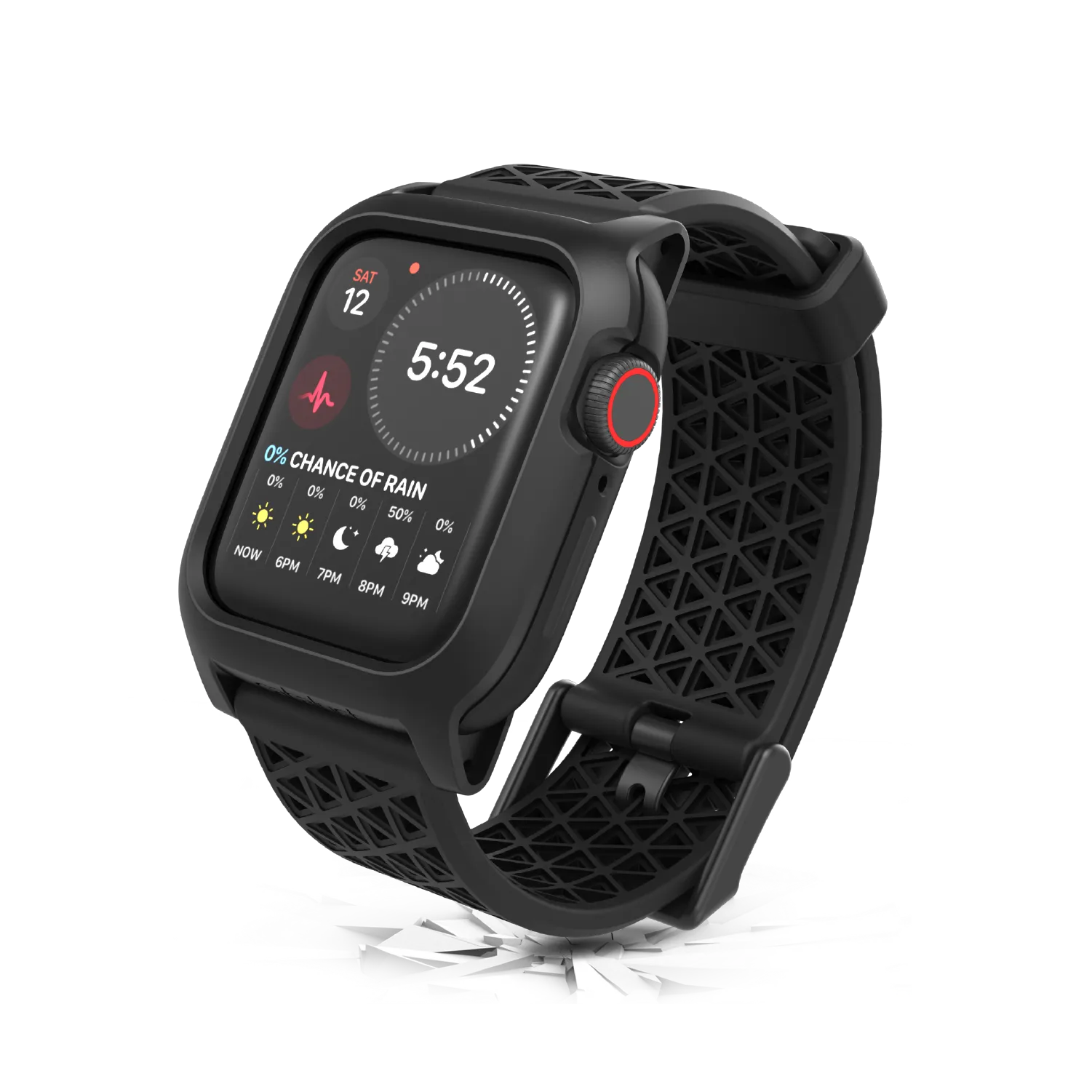 The Catalyst Case US 40mm Rugged Case + Band for Apple Watch Series 6/5/4/SE (Gen 2/1) in sleek black showcases the time, date, weather, and heart rate. It stands upright on a reflective surface with a scattered glass effect below.
