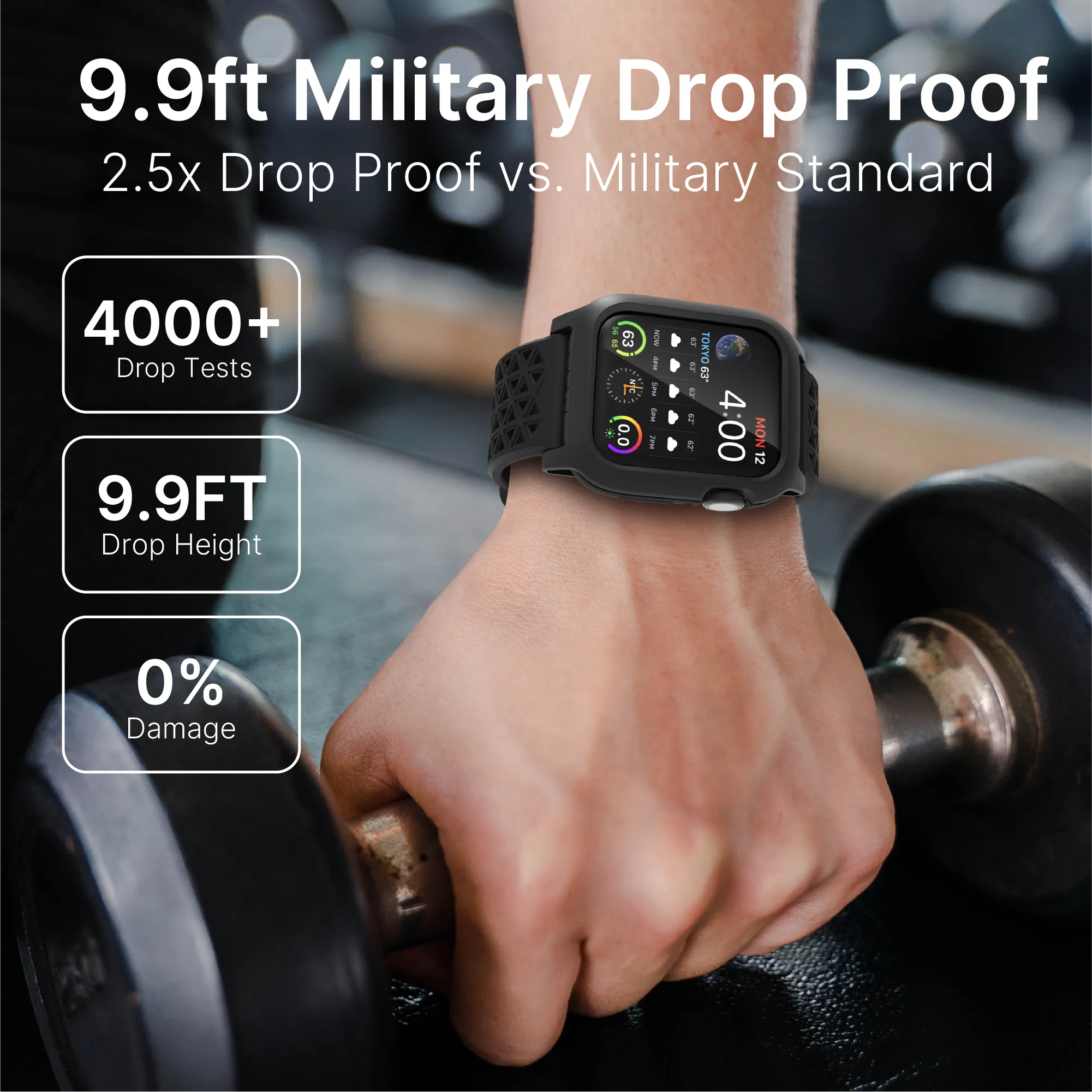 A close-up shows a person lifting a dumbbell, wearing the Catalyst Case US 40mm Rugged Case + Band for Apple Watch Series 6/5/4/SE. Overlay text reads "9.9ft Military Drop Proof," "4000+ Drop Tests," and "0% Damage" against a blurred background.