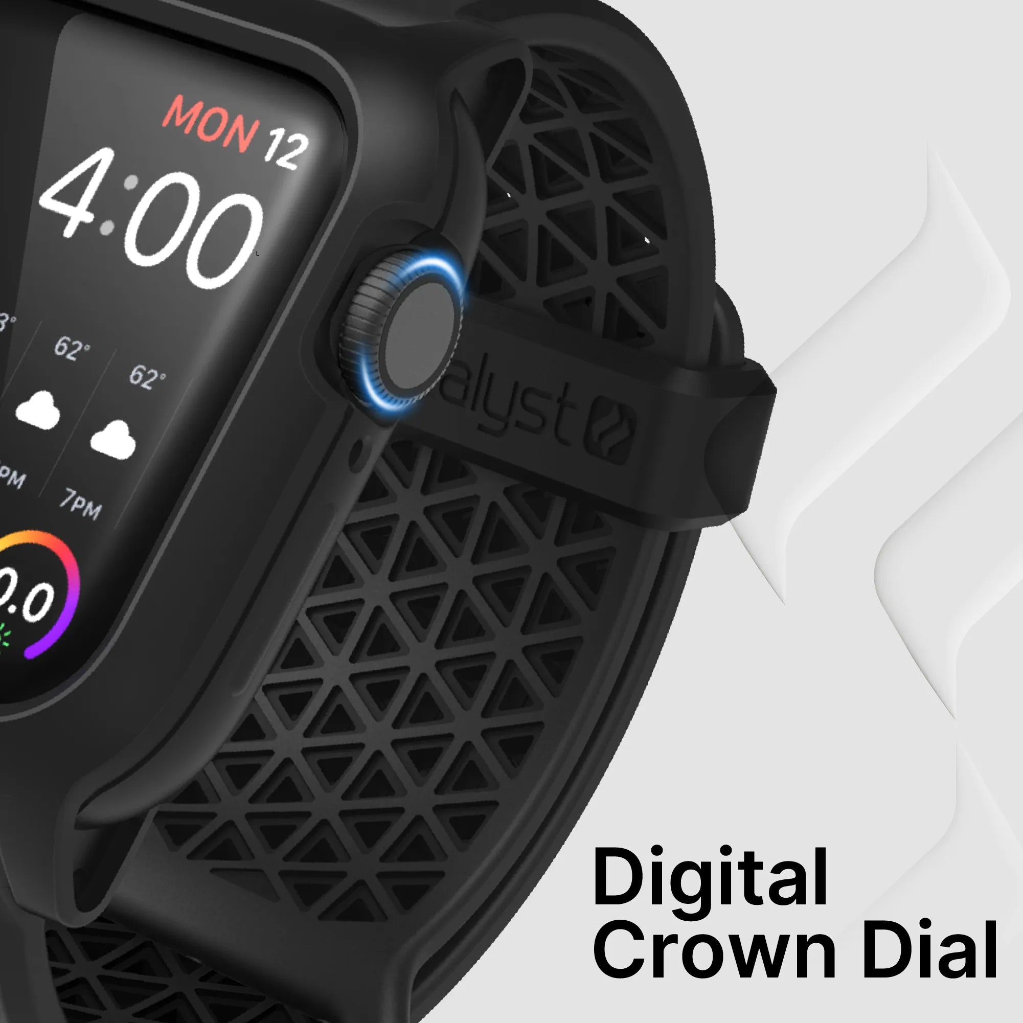 Close-up of Catalyst Case US 40mm Rugged Case + Band for Apple Watch Series 6/5/4/SE. The black case features a perforated strap, blue-lit digital crown, and a display showing time, weather icons, and date (MON 12) for easy navigation.
