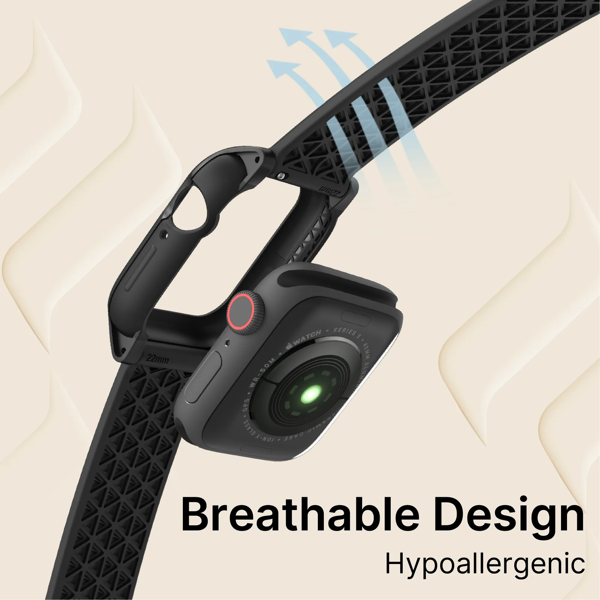The Catalyst Case US 40mm Rugged Case + Band for Apple Watch Series 6/5/4/SE (Gen 2/1) features a black, perforated band for breathable, hypoallergenic comfort. Shown on a beige patterned background with visible sensors and airflow design highlighted.